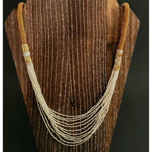 Y2K Himalayan Glass Bead Necklace Multi Strands White/Gold Tone 30" Nepal NWT! - Picture 2 of 9